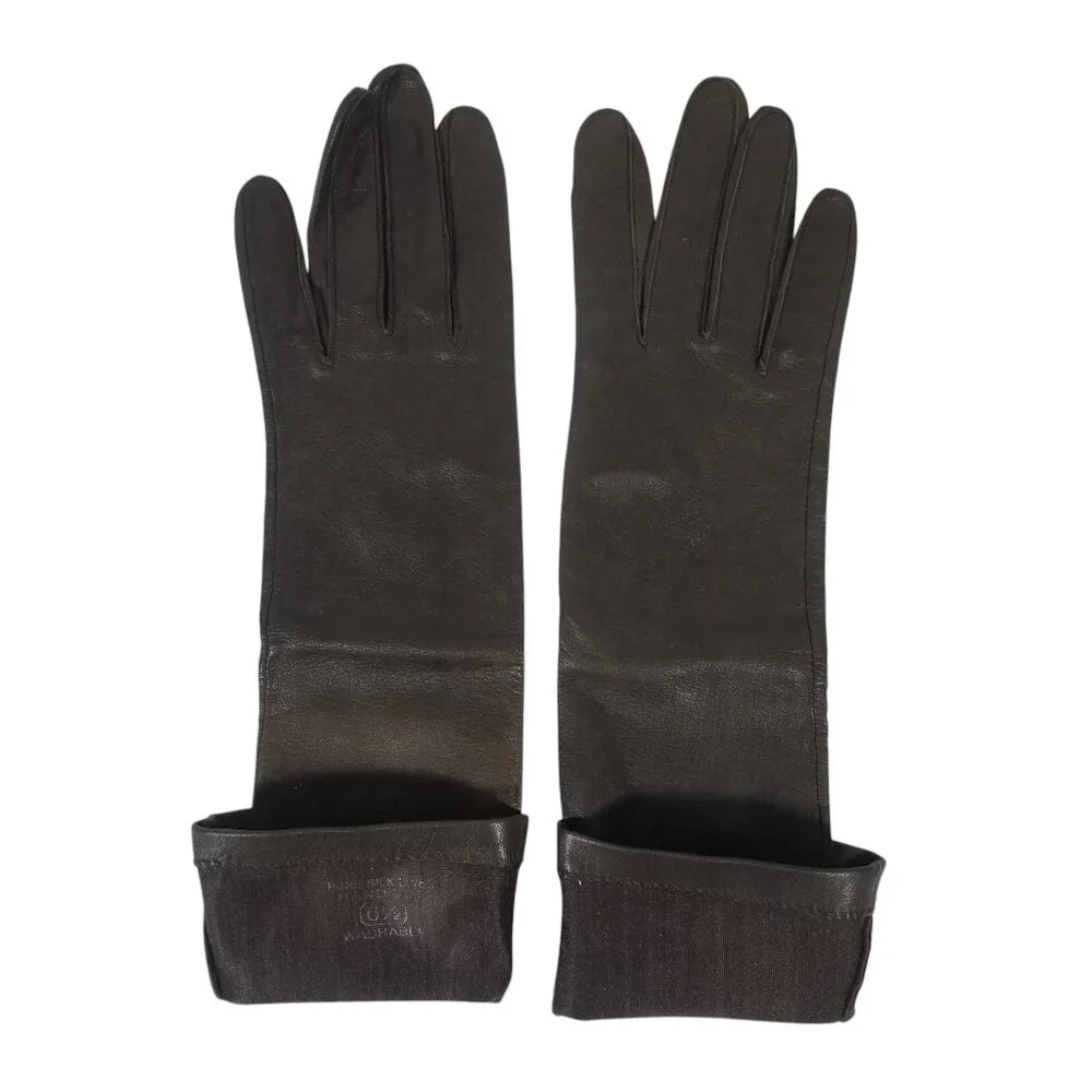 Vintage Leather Gloves Dark Brown Kid 3/4 Length Silk Lined Washable 6 1/2